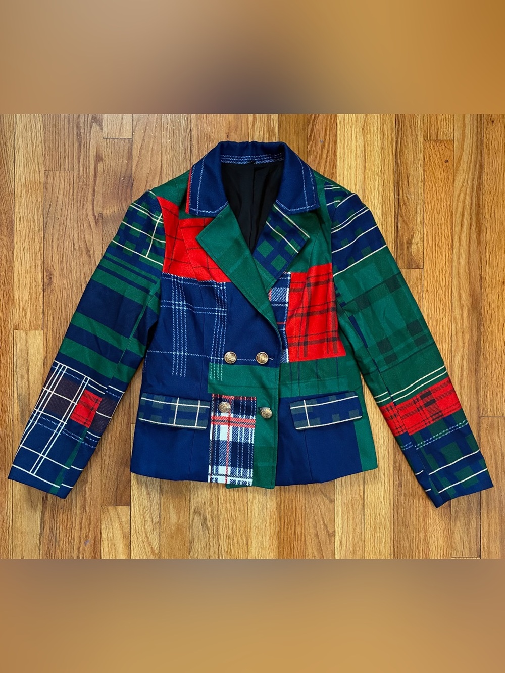 STYLEWE Patchwork Plaid Double-Breasted Blazer Blue Green Red Women’s Size S